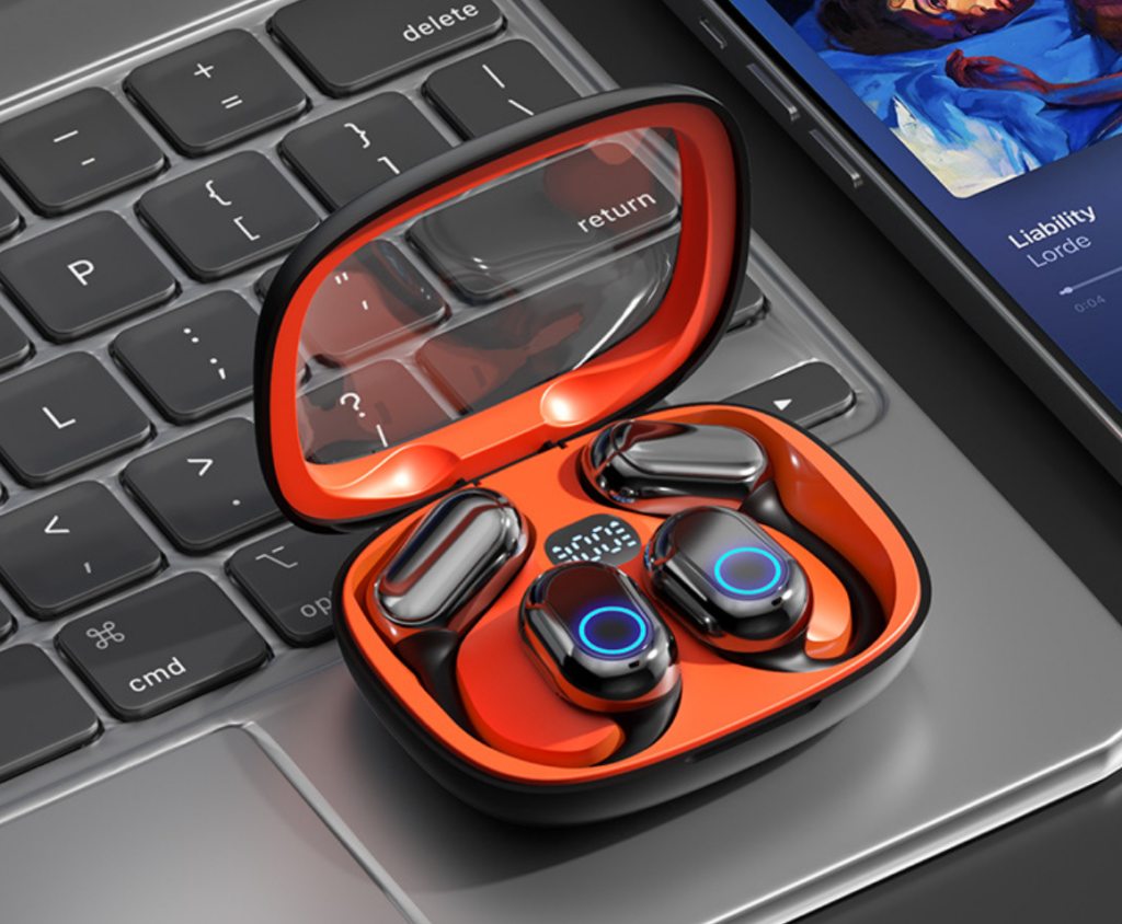 笔记本上橙色耳机